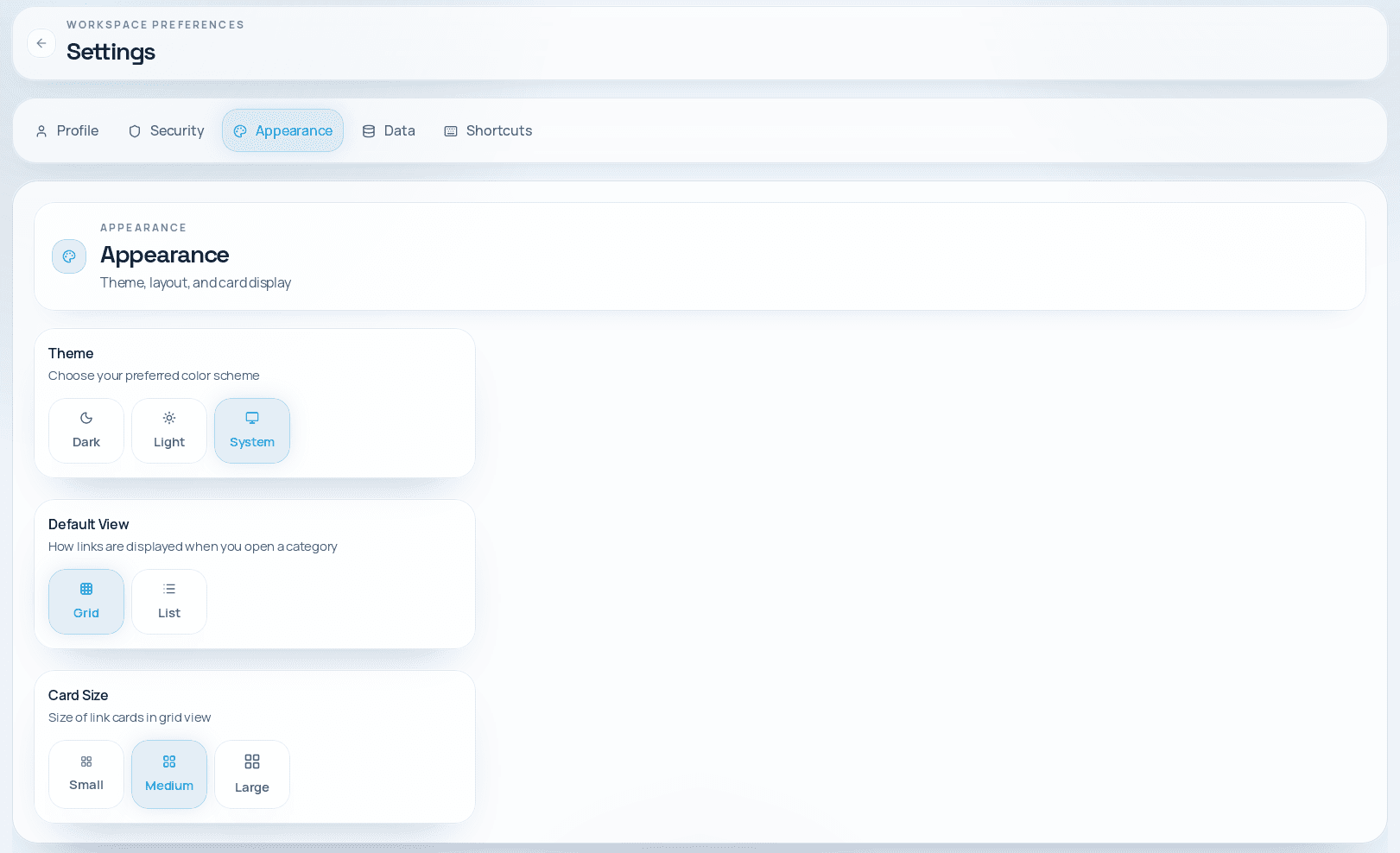 LinkBox appearance settings showing theme, default view, and card size controls