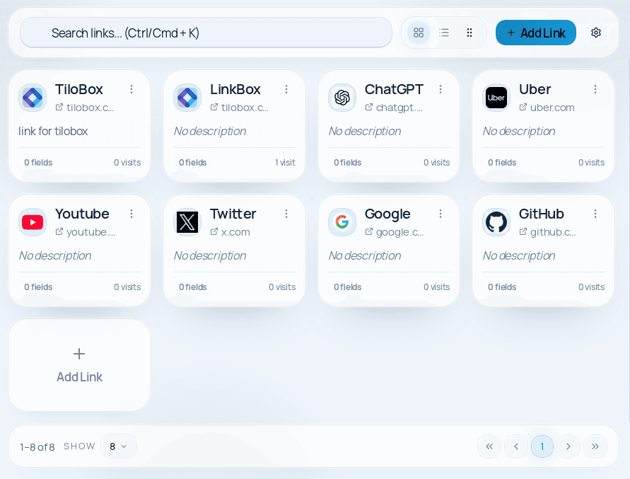 LinkBox visual card grid with saved links and descriptions