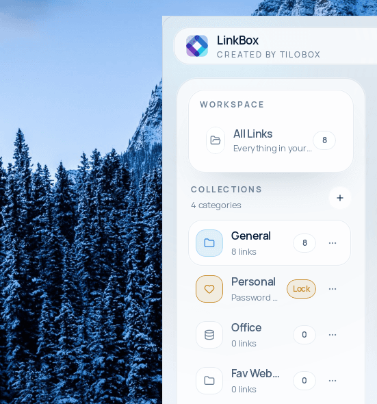 LinkBox categories sidebar showing organized projects and locked sections