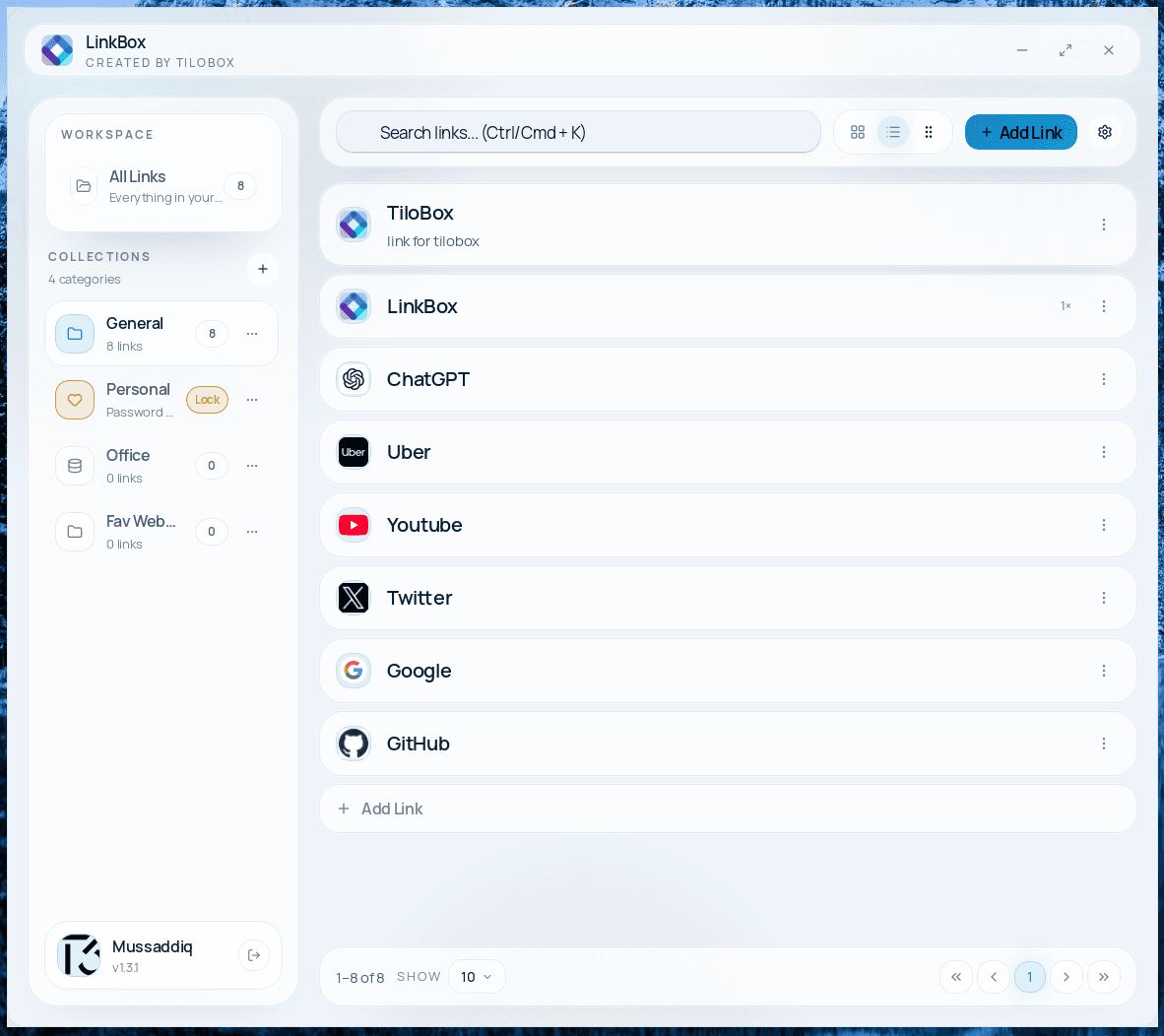 LinkBox dashboard overview used for managing saved link collections and moving through categories