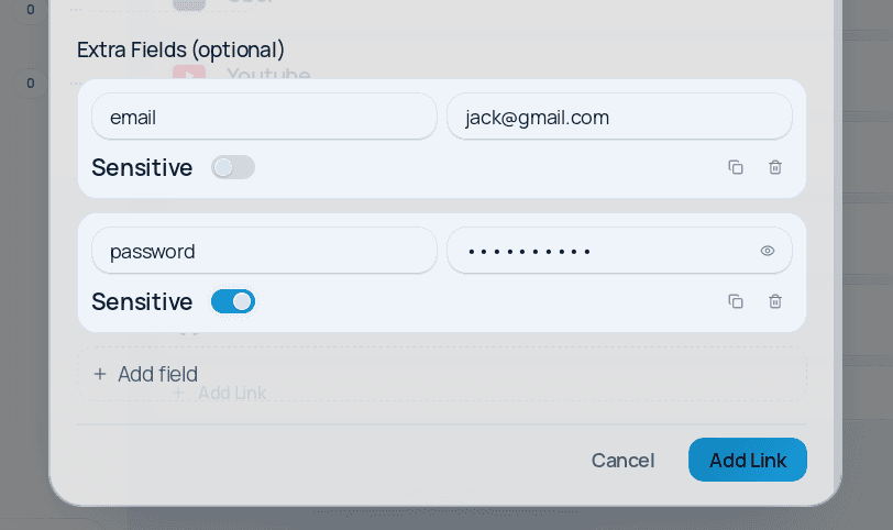 LinkBox edit form showing custom and sensitive fields
